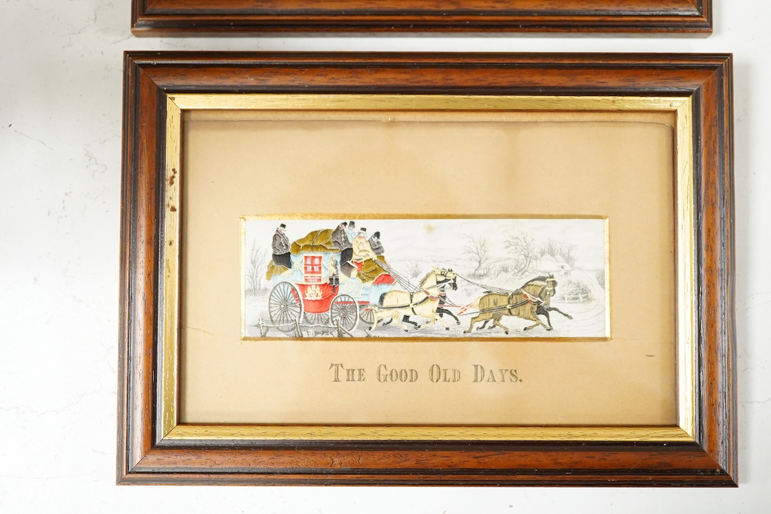 Two Victorian Stevengraphs comprising The Good Old Days and The Present Time, framed, 26cm wide